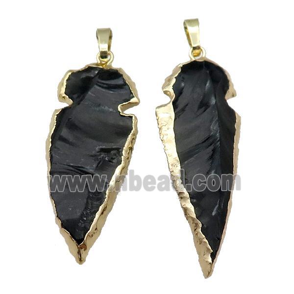 black Obsidian arrowhead pendant, hammered, gold plated