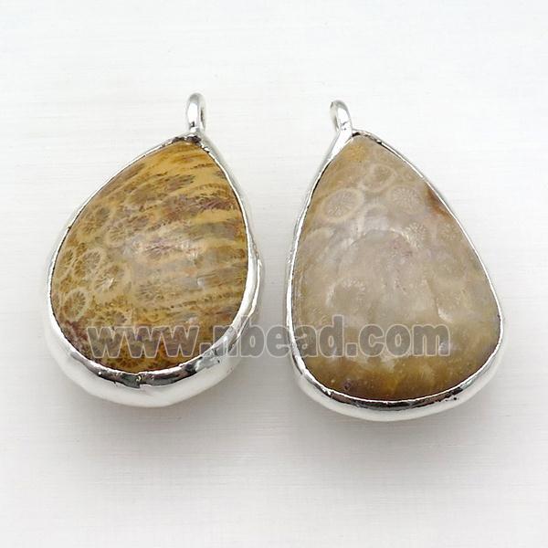 Coral Fossil teardrop pendant, silver plated