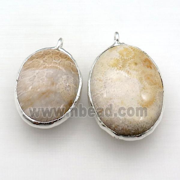 Coral Fossil oval pendant, silver plated