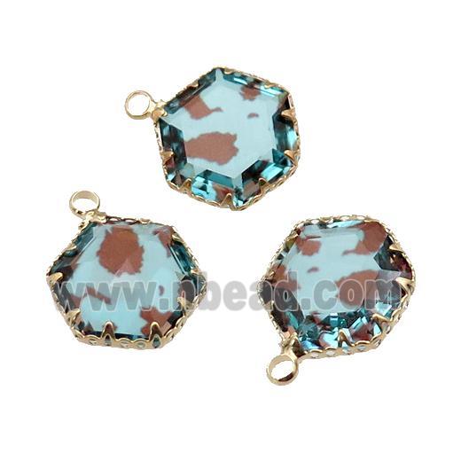 lt.blue Crystal Glass hexagon pendant, gold plated