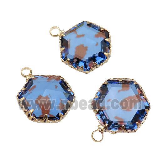 blue Crystal Glass hexagon pendant, gold plated