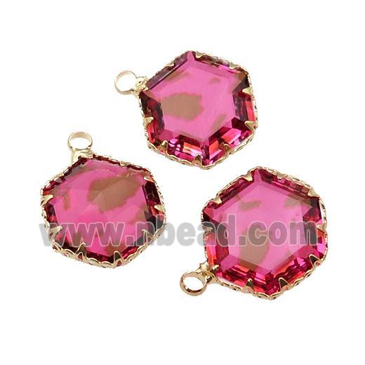 hotpink Crystal Glass hexagon pendant, gold plated
