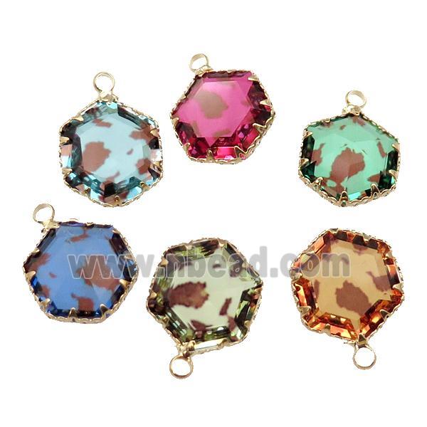 Crystal Glass hexagon pendant, gold plated, mixed