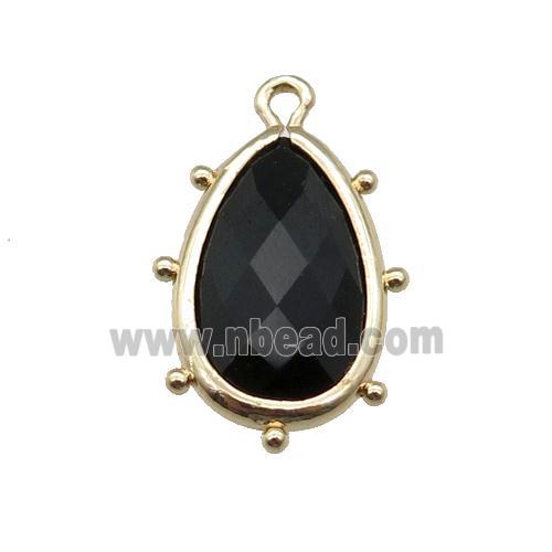 black Onyx Agate teardrop pendant, faceted, gold plated