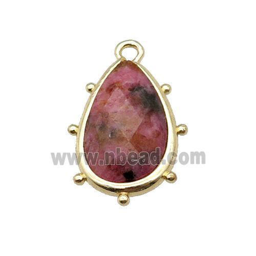 pink Rhodonite teardrop pendant, faceted, gold plated
