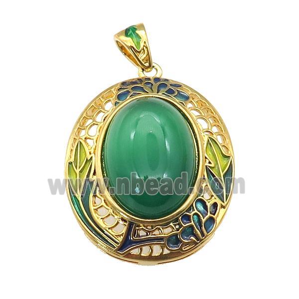 copper Oval pendant with green agate, enamel, gold plated