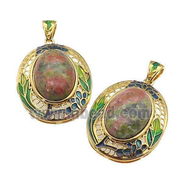 copper Oval pendant with unakite, enamel, gold plated
