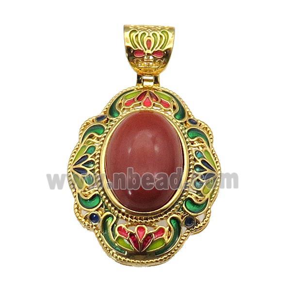 copper Oval pendant with red jasper, enamel, gold plated