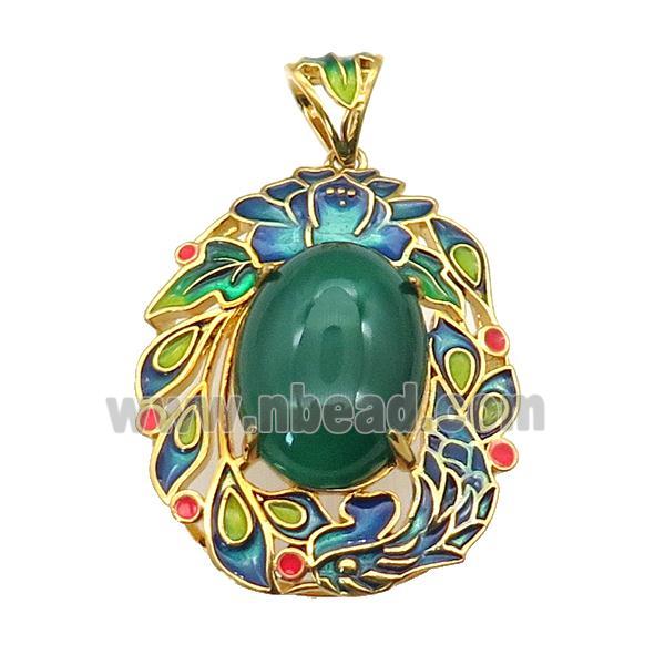 copper Oval pendant with green agate, enamel, gold plated