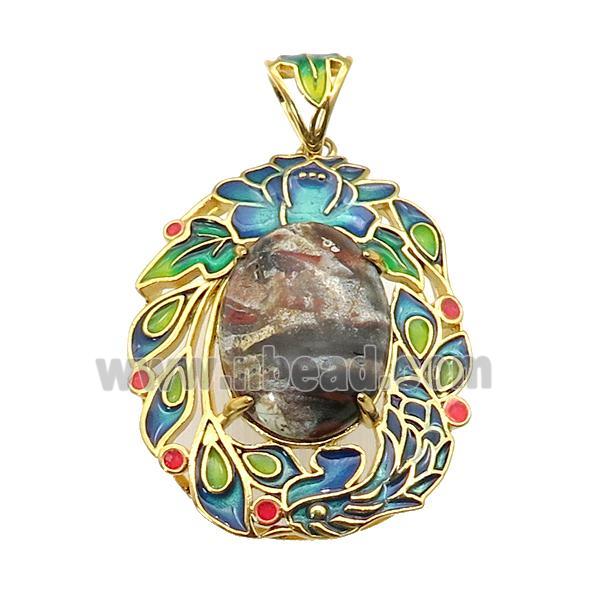 copper Oval pendant with ocean jasper, enamel, gold plated