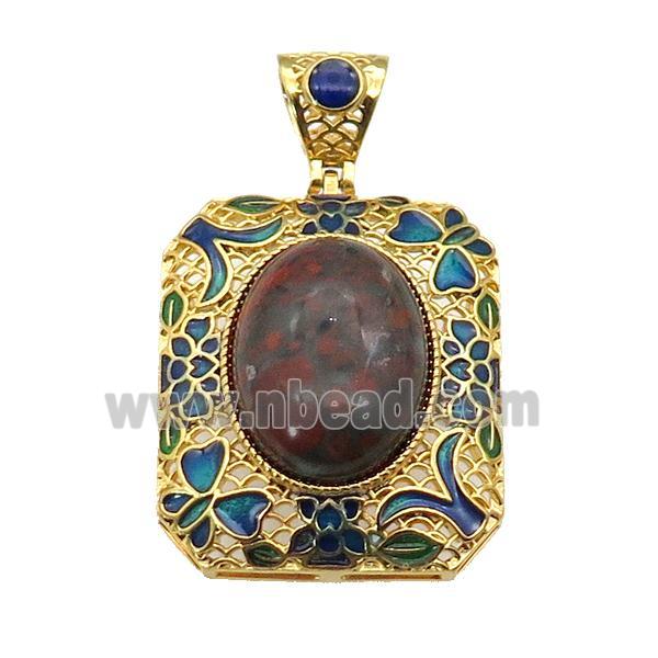 copper Rectangle pendant with red jasper, enamel, gold plated