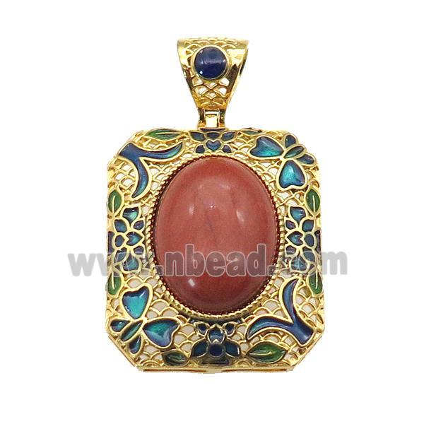copper Rectangle pendant red jasper, enamel, gold plated