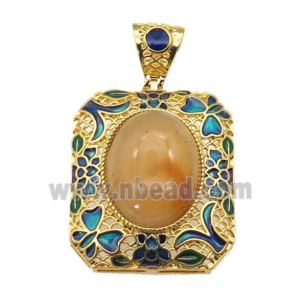 copper Rectangle pendant with yellow jade, enamel, gold plated