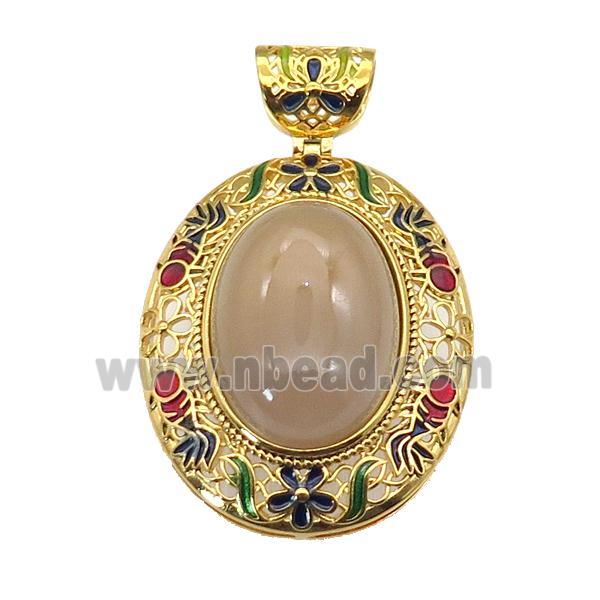 copper Oval pendant with agate, enamel, gold plated