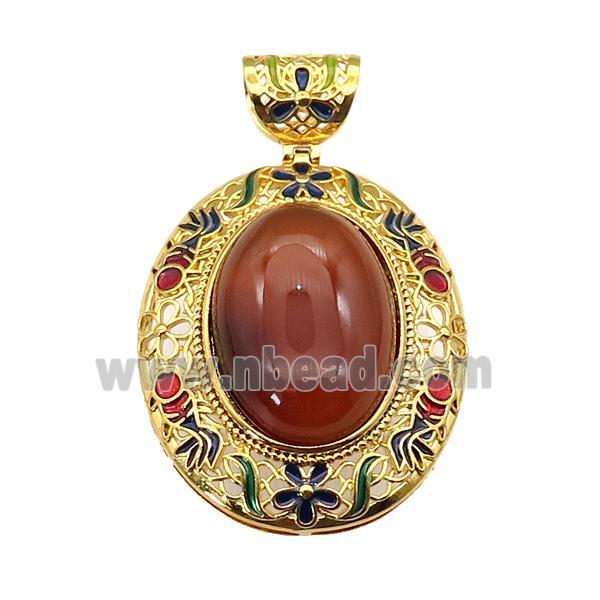 copper Oval pendant with carnelian, enamel, gold plated