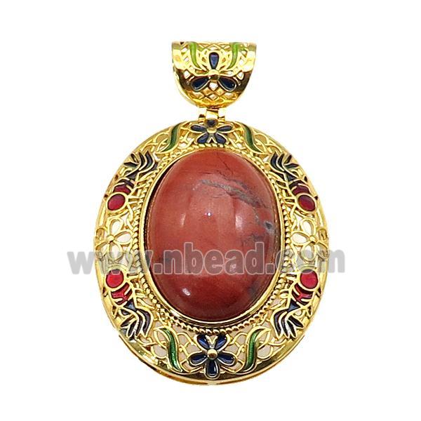 copper Oval pendant with red jasper, enamel, gold plated