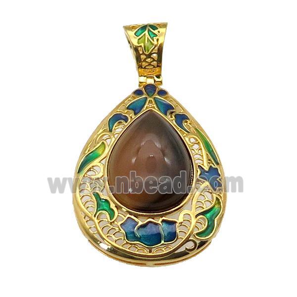 copper Teardrop pendant with tigereye, enamel, gold plated