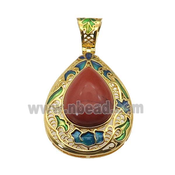 copper Teardrop pendant with red jasper, enamel, gold plated