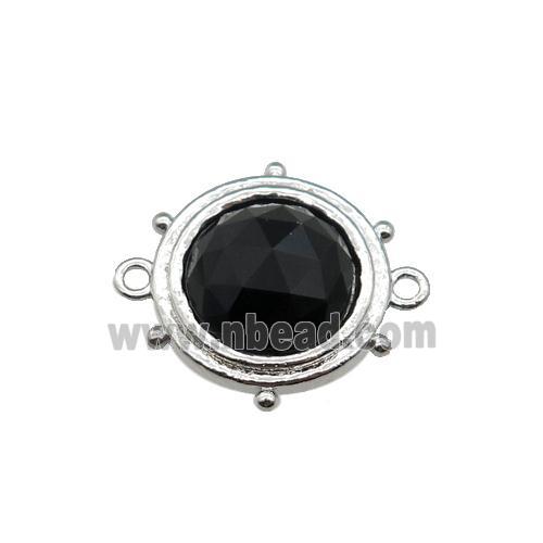 black Onyx Agate circle connector, platinum plated