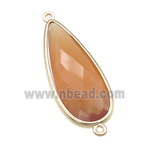 peach Crystal Glass teardrop connector, faceted, gold plated