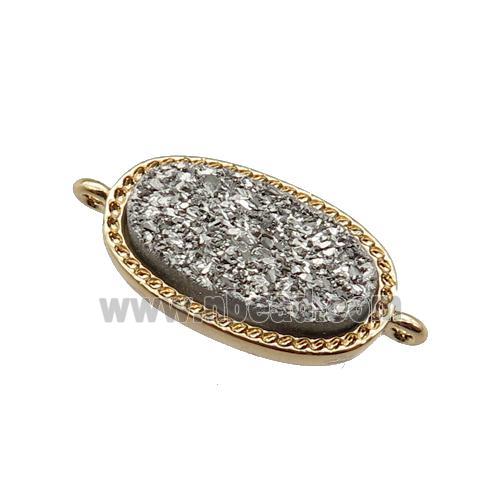 silver druzy quartz oval connector, gold plated