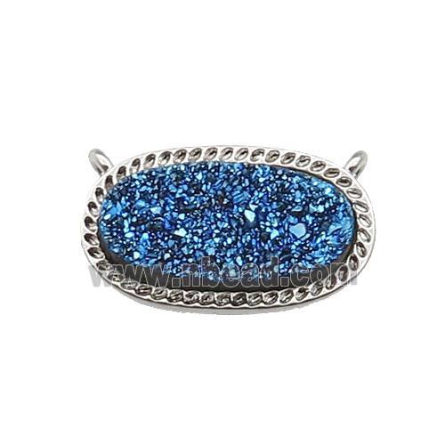 blue druzy quartz oval pendant, platinum plated