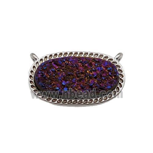 purple druzy quartz oval pendant, platinum plated