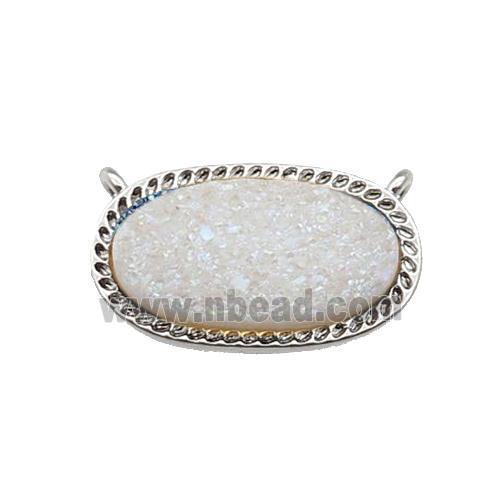 white AB-color druzy quartz oval pendant, platinum plated