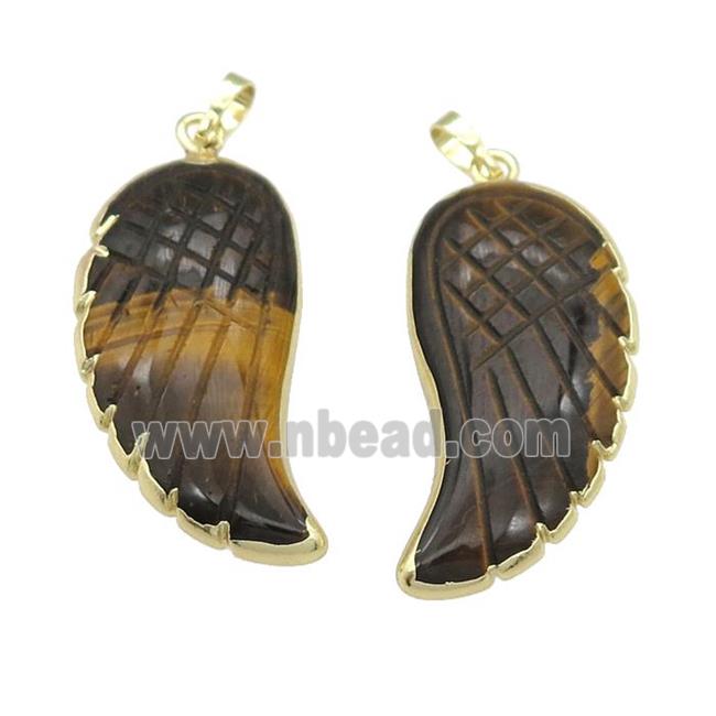 Tiger eye stone angel wing pendant, gold plated