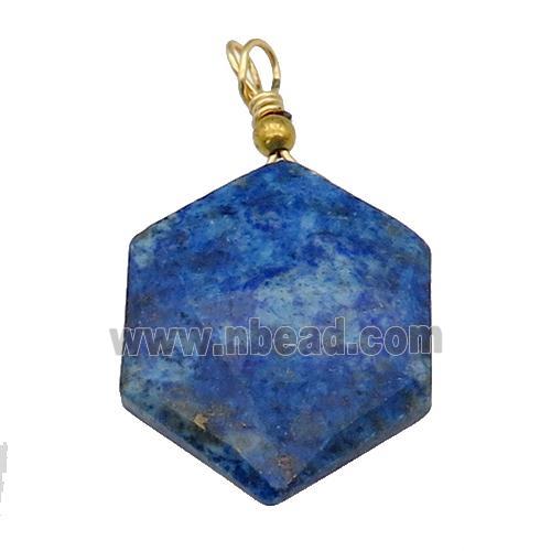 blue Lapis Lazuli pendant, hexagon, wire wrapped