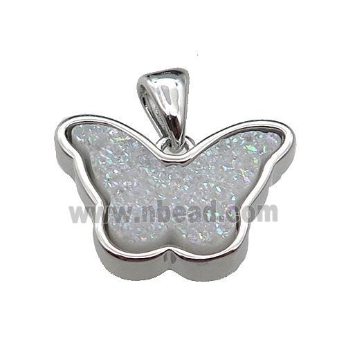 white AB-color Resin Druzy butterfly pendant, platinum plated