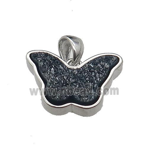 black Resin Druzy butterfly pendant, platinum plated