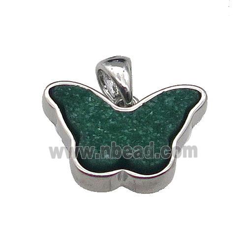 green Resin Druzy butterfly pendant, platinum plated