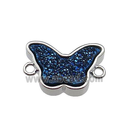 blue Resin Druzy butterfly connector, platinum plated