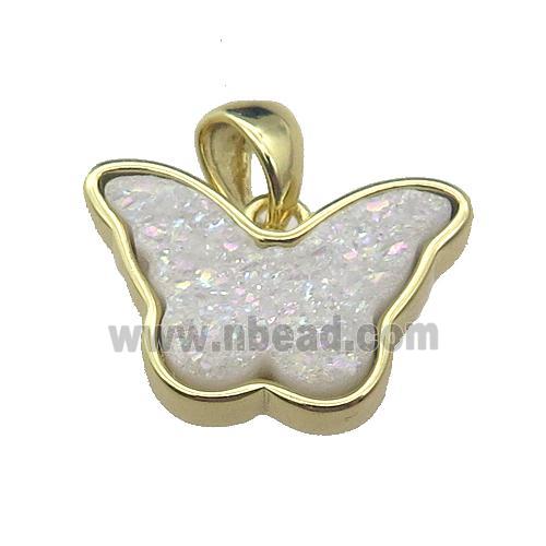 white AB-color Resin Druzy butterfly pendant, gold plated
