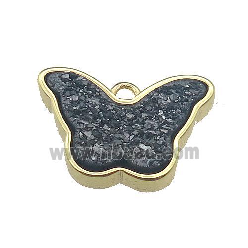 black Resin Druzy butterfly pendant, gold plated