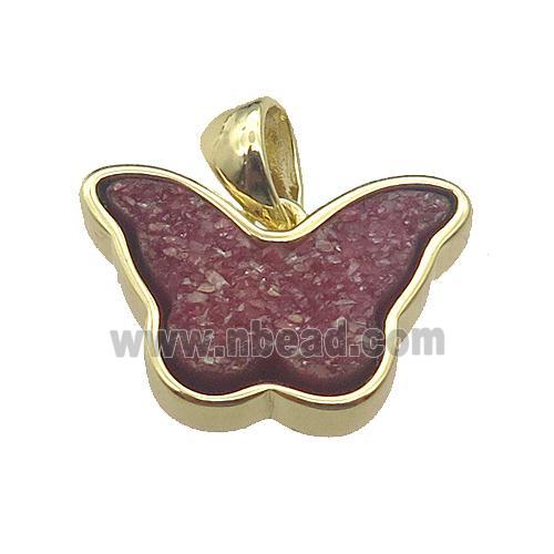 red Resin Druzy butterfly pendant, gold plated