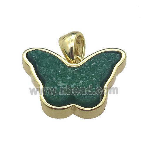 green Resin Druzy butterfly pendant, gold plated