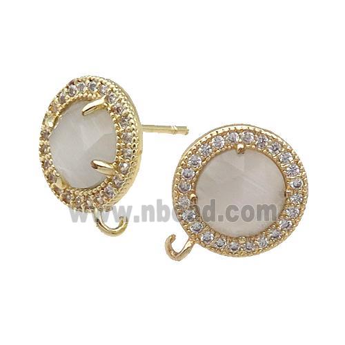 White Cat Eye Stone Stud Earring With Loop Circle Gold Plated