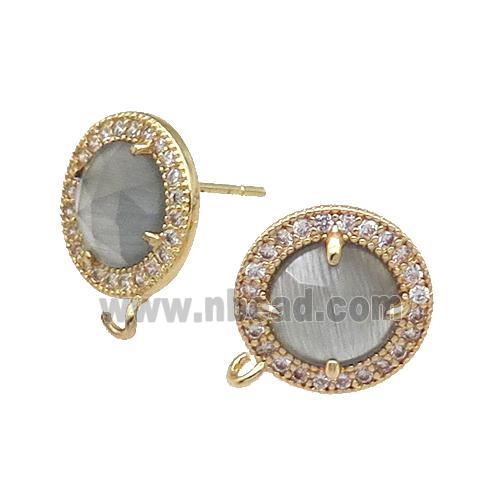 Grey Cat Eye Stone Stud Earring With Loop Circle Gold Plated
