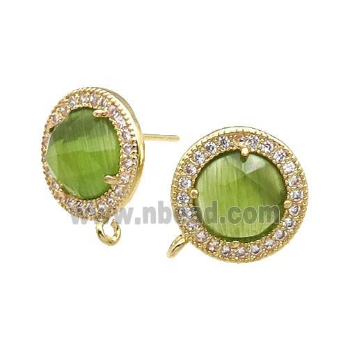 Olive Cat Eye Stone Stud Earring With Loop Circle Gold Plated