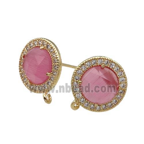 Pink Cat Eye Stone Stud Earring With Loop Circle Gold Plated