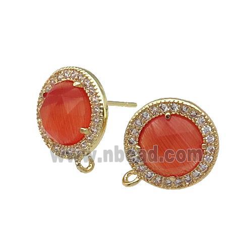 Orange Cat Eye Stone Stud Earring With Loop Circle Gold Plated