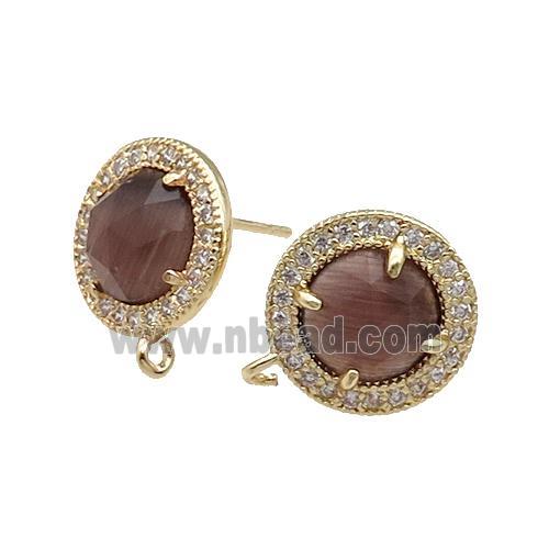 Smoky Cat Eye Stone Stud Earring With Loop Circle Gold Plated