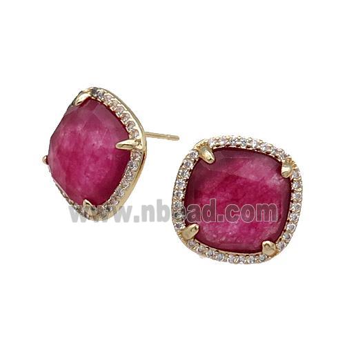 Red Dye Jade Stud Earring Square Gold Plated