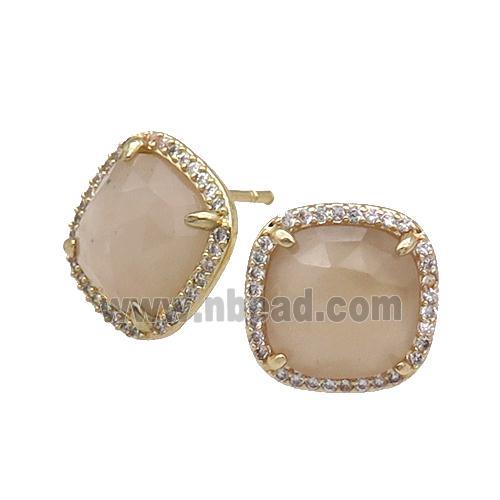 Peach Jade Stud Earring Square Gold Plated
