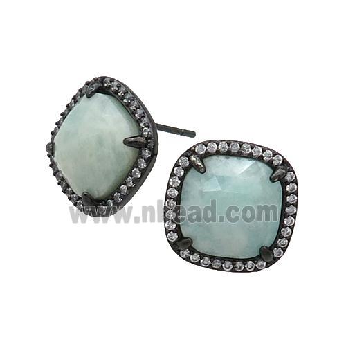Green Amazonite Stud Earring Square Black Plated