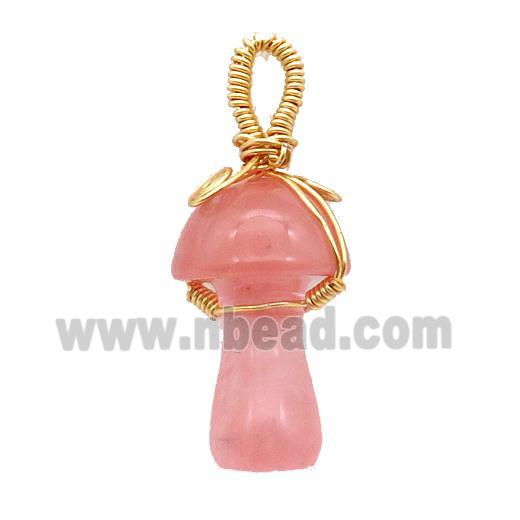 Synthetic Watermelon Quartz Mushroom Pendant Wire Wrapped Pink