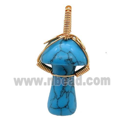 Blue Turquoise Mushroom Pendant Wire Wrapped Dye