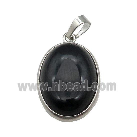 Black Obsidian Oval Pendant Platinum Plated